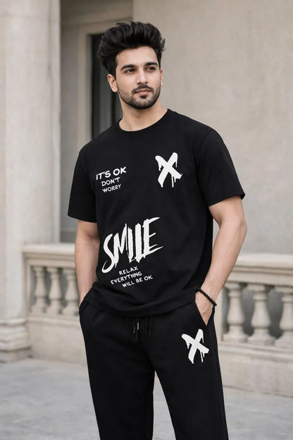 Men Printed Graphic Cotton Track Suit Black Summer Sale